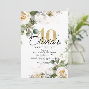 Elegant Floral White Roses & Gold 40. Geburtstag Einladung