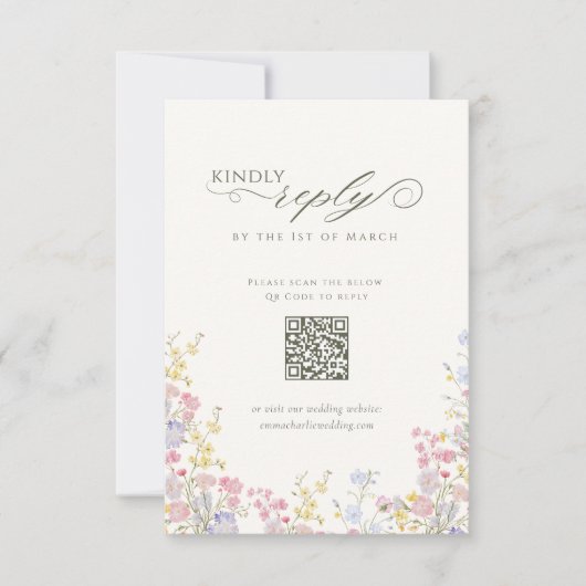 Elegant Floral Wildflower Calligraphy QR Code RSVP Karte (Vorderseite)
