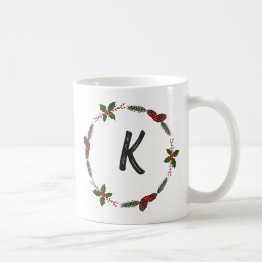 Elegant Floral Wreath Monogram Initial Christmas Kaffeetasse (Rechts)