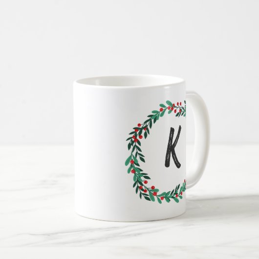 Elegant Floral Wreath Monogram Initial Christmas Kaffeetasse (VorderseiteRechts)