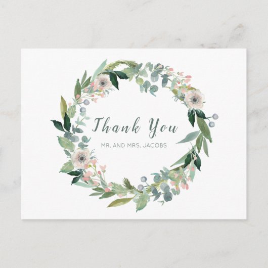 Elegant Floral Wreath Wedding Danke Postcard Postkarte (Vorderseite)
