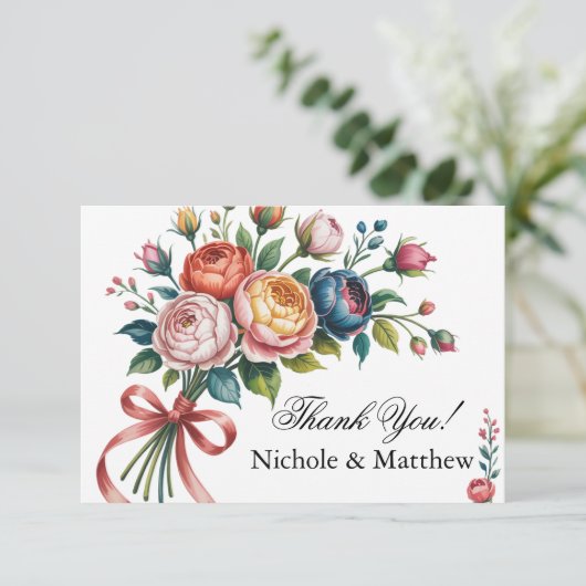 Elegant Floral Wreath Wedding Dankeskarte (Stehend Vorderseite)