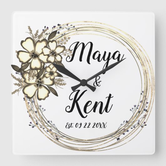 Elegant Floral Wreath Wedding Quadratische Wanduhr (Vorderseite)