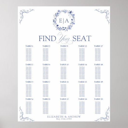 Elegant Floral Wreath Wedding Seating Chart Poster (Vorne)