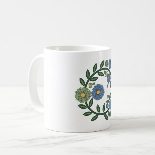 Elegant Floral Wreath Wird Blue & Green Botanical  Kaffeetasse (Vorderseite Links)