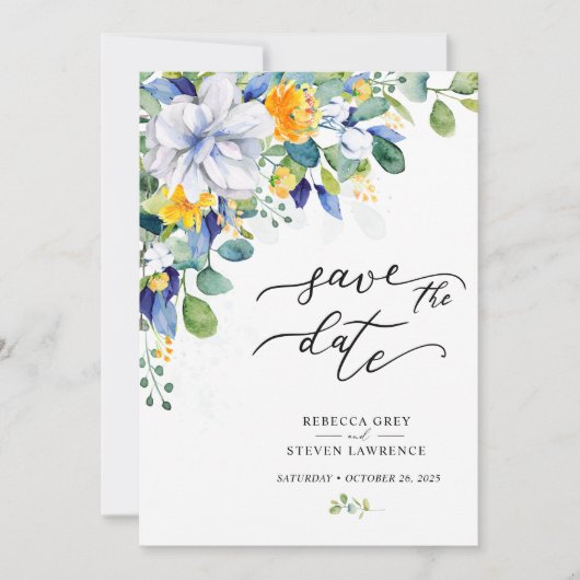 Elegant floral yellow blue wedding photo save the date (Vorderseite)