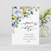 Elegant floral yellow blue wedding photo save the date (Stehend Vorderseite)
