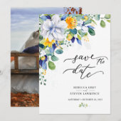 Elegant floral yellow blue wedding photo save the date (Vorne/Hinten)