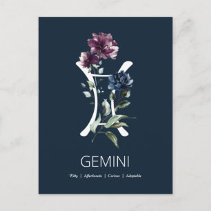 Elegant Floral Zodiac Star Sign Gemini Postkarte