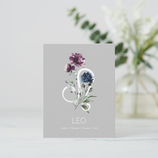 Elegant Floral Zodiac Star Sign Leo Postkarte (Stehend Vorderseite)
