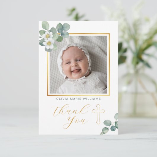 Elegant florale Gold Cross Taufe Danke Karte (Stehend Vorderseite)