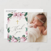 Elegant florale Taufe 1-Foto-Script Vielen Dank Postkarte (Vorne/Hinten)