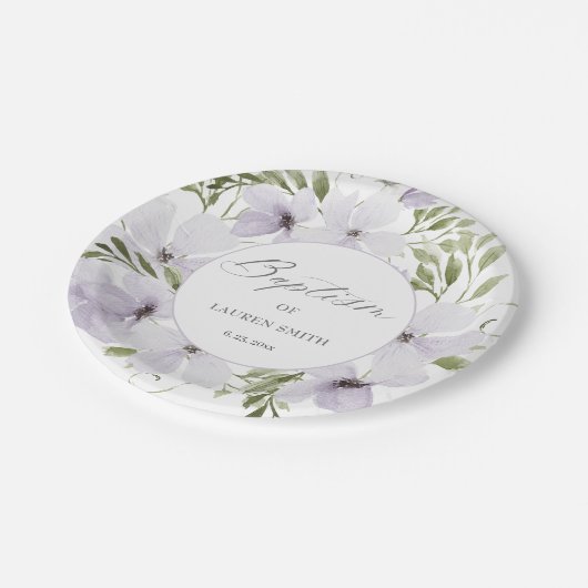 Elegant florale Taufe Christening Script Pappteller (Schrägansicht)