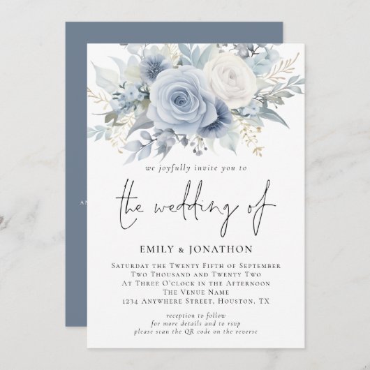 Elegant Florals QR Code Dusty Blue Wedding Einladung (Vorne/Hinten)