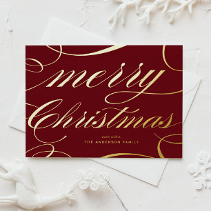 Elegant Flourish Schrift Burgund Frohe Weihnachten Folien Feiertagspostkarte