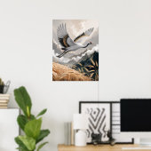Elegant Flying Crane Over Golden Wheat Landscape Poster (Heimbüro)