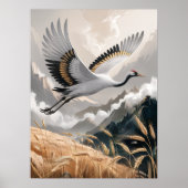 Elegant Flying Crane Over Golden Wheat Landscape   Poster (Vorne)