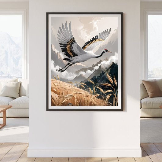 Elegant Flying Crane Over Golden Wheat Landscape   Poster