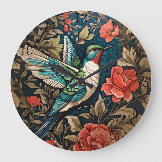 Elegant Flying Hummingbird William Morris Inspirie Große Wanduhr (Vorderseite)