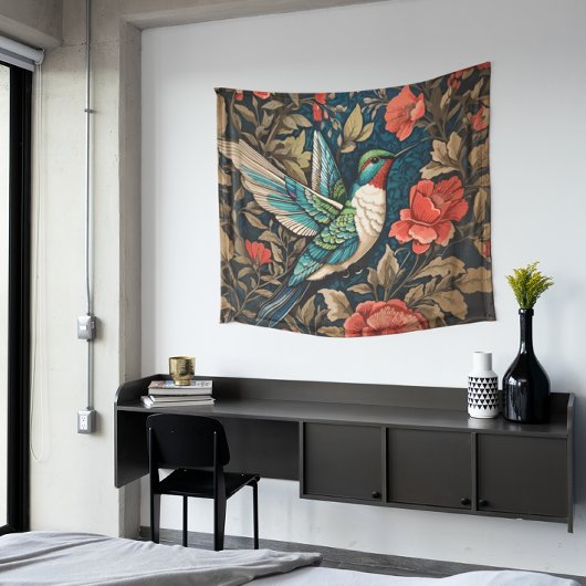Elegant Flying Hummingbird William Morris Inspirie Wandteppich