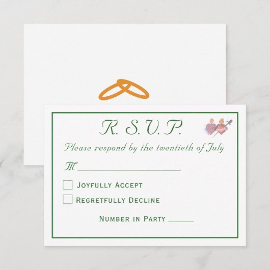 Elegant Forest Green Two Hearts Catholic Wedding  RSVP Karte (Vorne/Hinten)