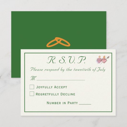 Elegant Forest Green Two Hearts Catholic Wedding RSVP Karte (Vorne/Hinten)