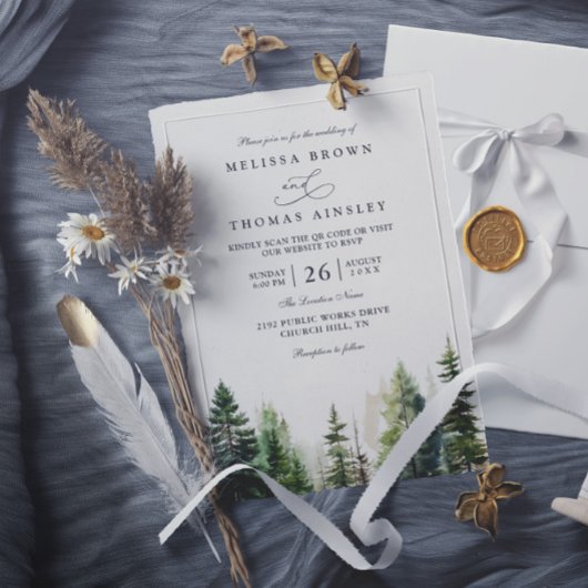 Elegant forest minimalist pine qr code wedding einladung