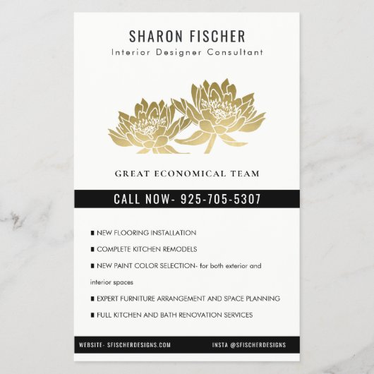 Elegant Formal Faux Gold Lotus Floral Business Flyer (Vorne)