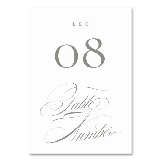 Elegant Formal Gray on White Calligraphy Wedding Tischnummer (Vorderseite)