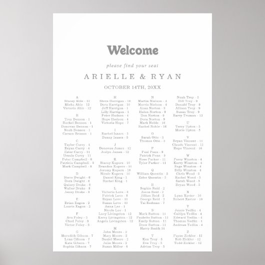 Elegant Formal Minimal Alphabetical Seating Chart Poster (Vorne)