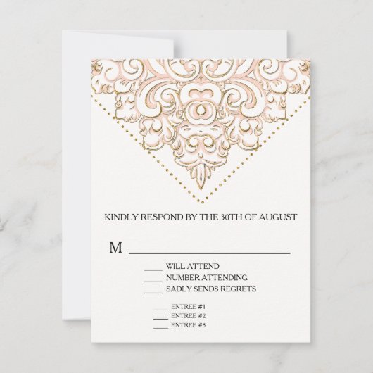 Elegant Formal Modern Lace Blush Pink and Gold RSVP Karte (Vorderseite)
