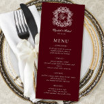 Elegant Formal Monogram Crest Burgundy Wedding Menükarte<br><div class="desc">This elegant dark burgundy wedding menu features an ornate vintage crest framing the intertwined script monogram initials of the bride and groom in fancy formal script font. Find matching products in the collection,  or message me through Zazzle Chat for more products and design tweaks.</div>