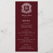 Elegant Formal Monogram Crest Burgundy Wedding Menükarte (Vorderseite)