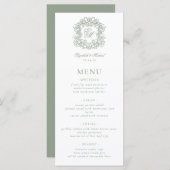 Elegant Formal Monogram Crest Sage Green Wedding Menükarte (Vorne/Hinten)