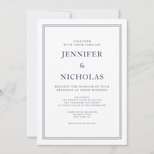 Elegant Formal Navy Blue Wedding Einladung (Vorderseite)