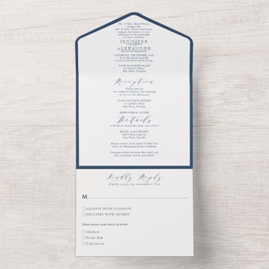 Elegant Formal Navy Simple Wedding All In One Einladung (Innen)