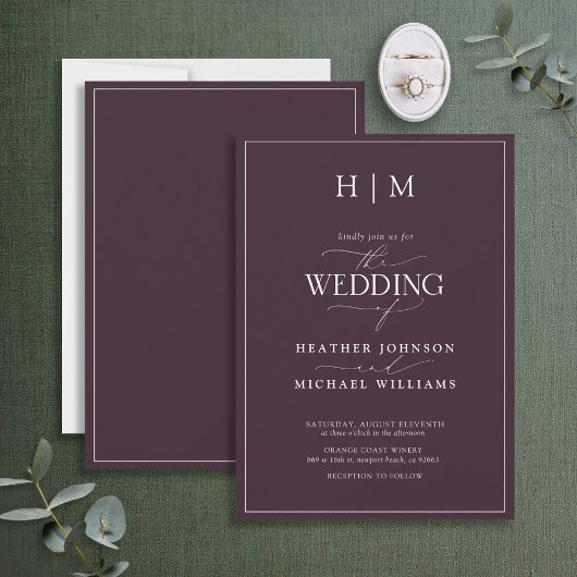 Elegant Formal Pum Lila Calligraphy Wedding Inv Einladung