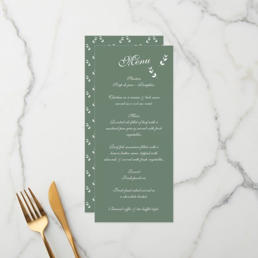 Elegant Formal Sage Olive Green Script Wedding Menükarte (Vorderseite/Rückseite Beispiel)