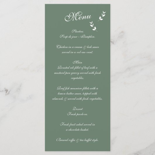 Elegant Formal Sage Olive Green Script Wedding Menükarte (Vorderseite)