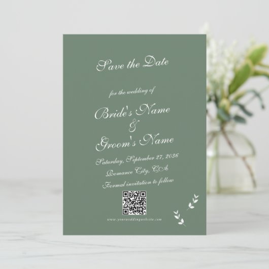 Elegant Formal Sage Olive Green Script Wedding Save The Date (Stehend Vorderseite)