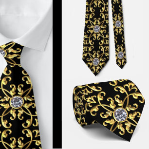 Elegant Formal Schwarz Gold und Diamant Krawatte