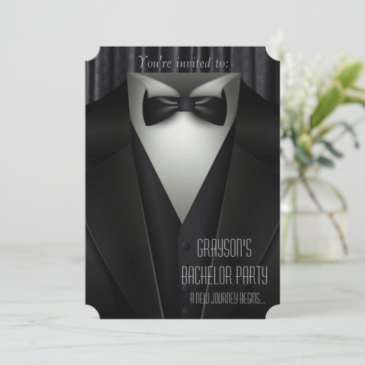 Elegant Formal Tuxedo Bachelor Party Einladung (Stehend Vorderseite)