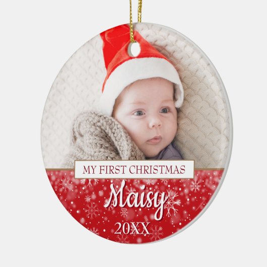 Elegant Foto Baby's First Christmas Script Keramik Ornament (Links)