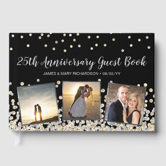 Elegant Foto Collage Gold Silber 25 Jahre Gästebuch (Vorderseite)