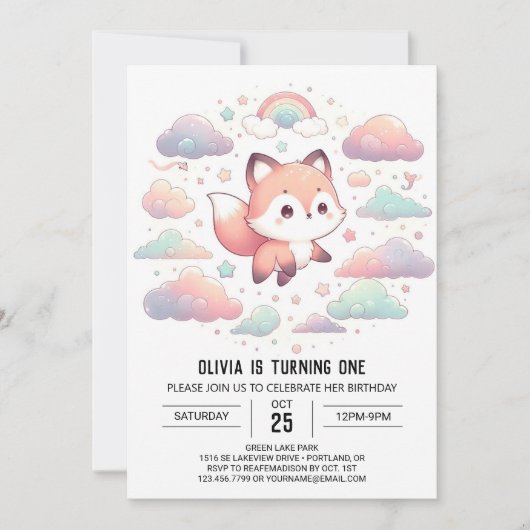 Elegant Fox 1. Geburtstag Einladung (Vorderseite)