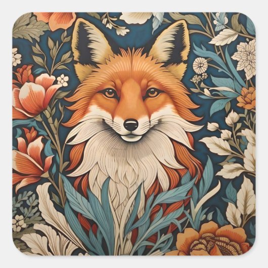 Elegant Fox William Morris Inspiriert Quadratischer Aufkleber (Vorderseite)