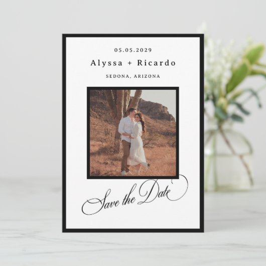 Elegant Frame & Classic Calligraphy Script Wedding Save The Date (Stehend Vorderseite)
