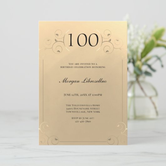 Elegant Frame Gold 100. Geburtstag Einladung (Stehend Vorderseite)