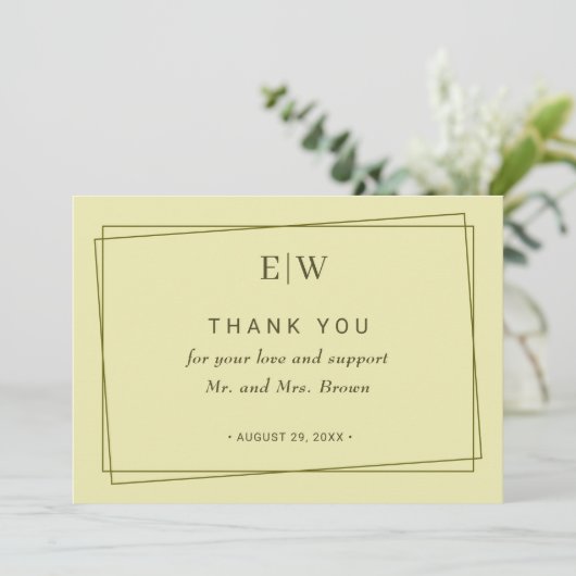 Elegant Frame on Celestial Yellow Monogram Wedding Dankeskarte (Stehend Vorderseite)