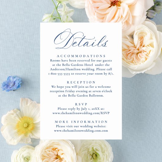 Elegant French Blue Floral Wedding Details Begleitkarte